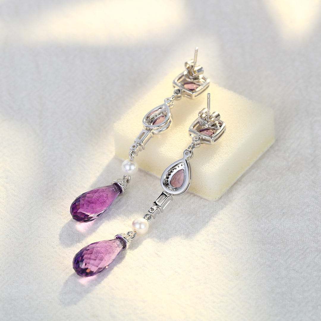 Three Stone Long Drops Amethyst Earrings Luxe Tear Drop Pear Shaped & Princess Cut Earrings Unique Pearl 14K Solid Gold Earrings