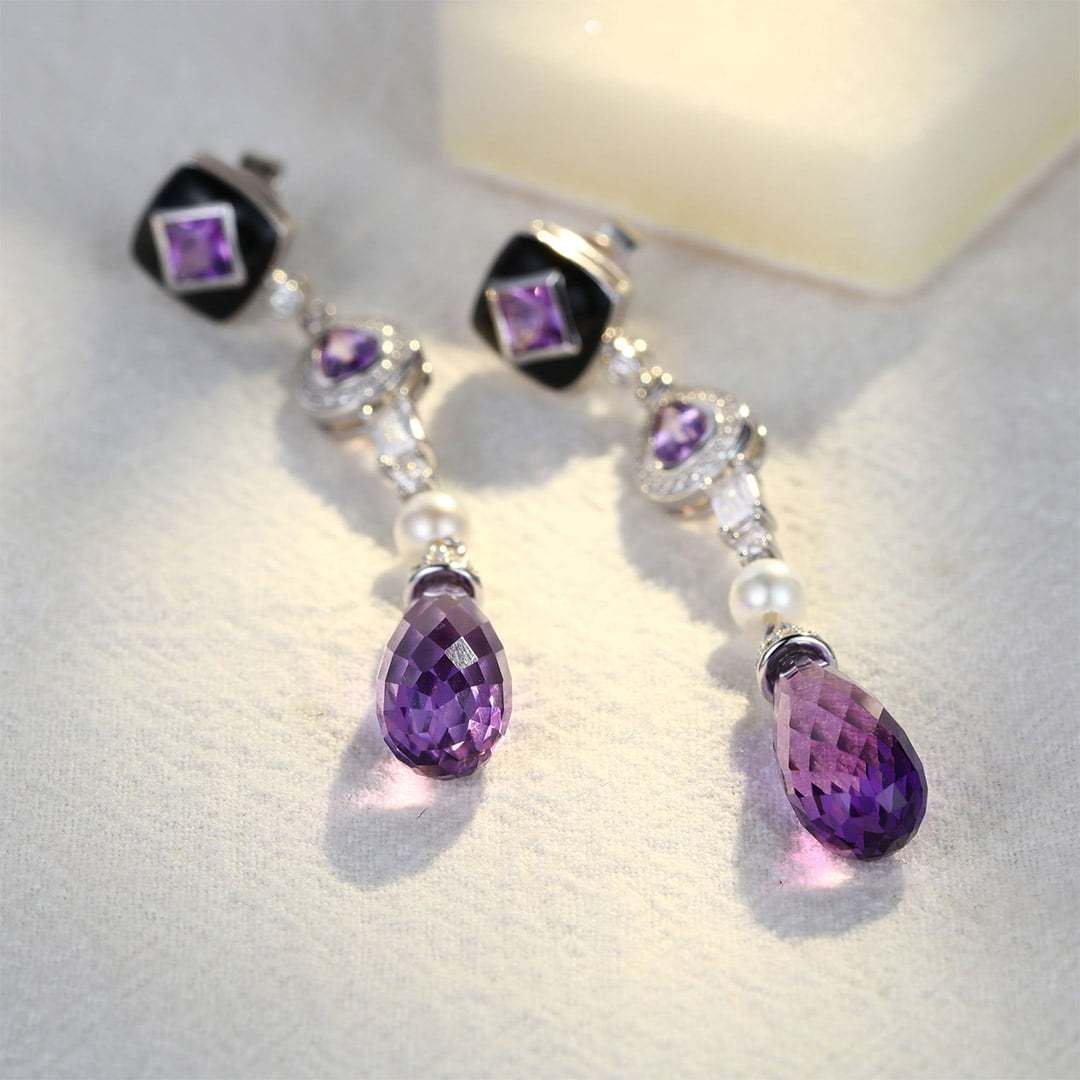 Three Stone Long Drops Amethyst Earrings Luxe Tear Drop Pear Shaped & Princess Cut Earrings Unique Pearl 14K Solid Gold Earrings