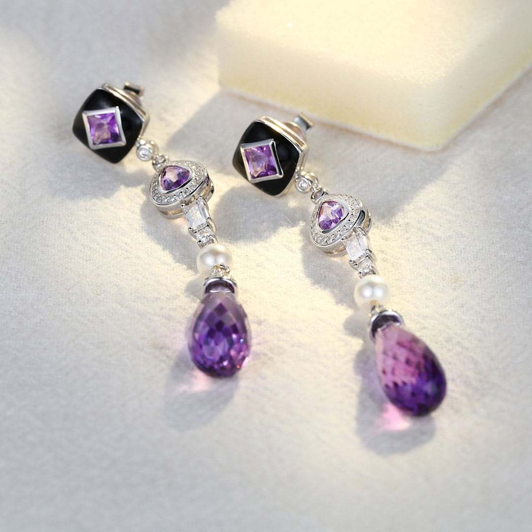 Three Stone Long Drops Amethyst Earrings Luxe Tear Drop Pear Shaped & Princess Cut Earrings Unique Pearl 14K Solid Gold Earrings