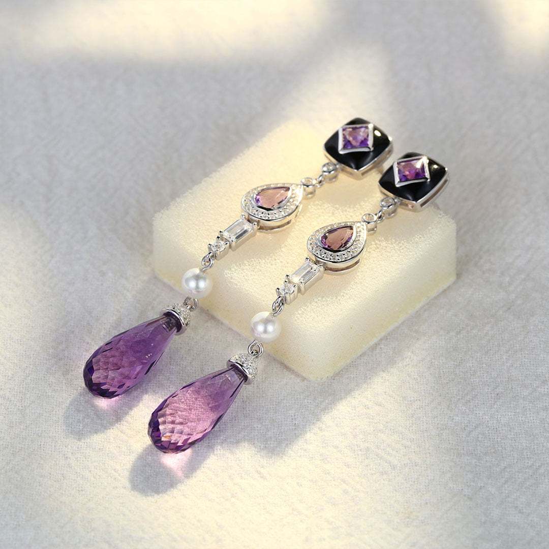 Three Stone Long Drops Amethyst Earrings Luxe Tear Drop Pear Shaped & Princess Cut Earrings Unique Pearl 14K Solid Gold Earrings