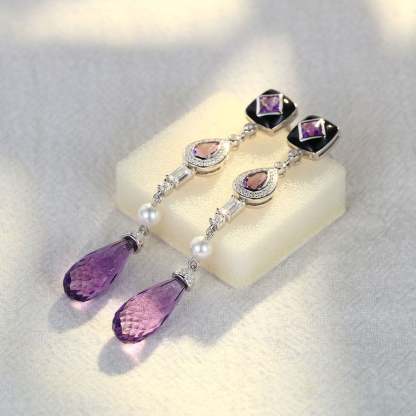 Three Stone Long Drops Amethyst Earrings Luxe Tear Drop Pear Shaped & Princess Cut Earrings Unique Pearl 14K Solid Gold Earrings