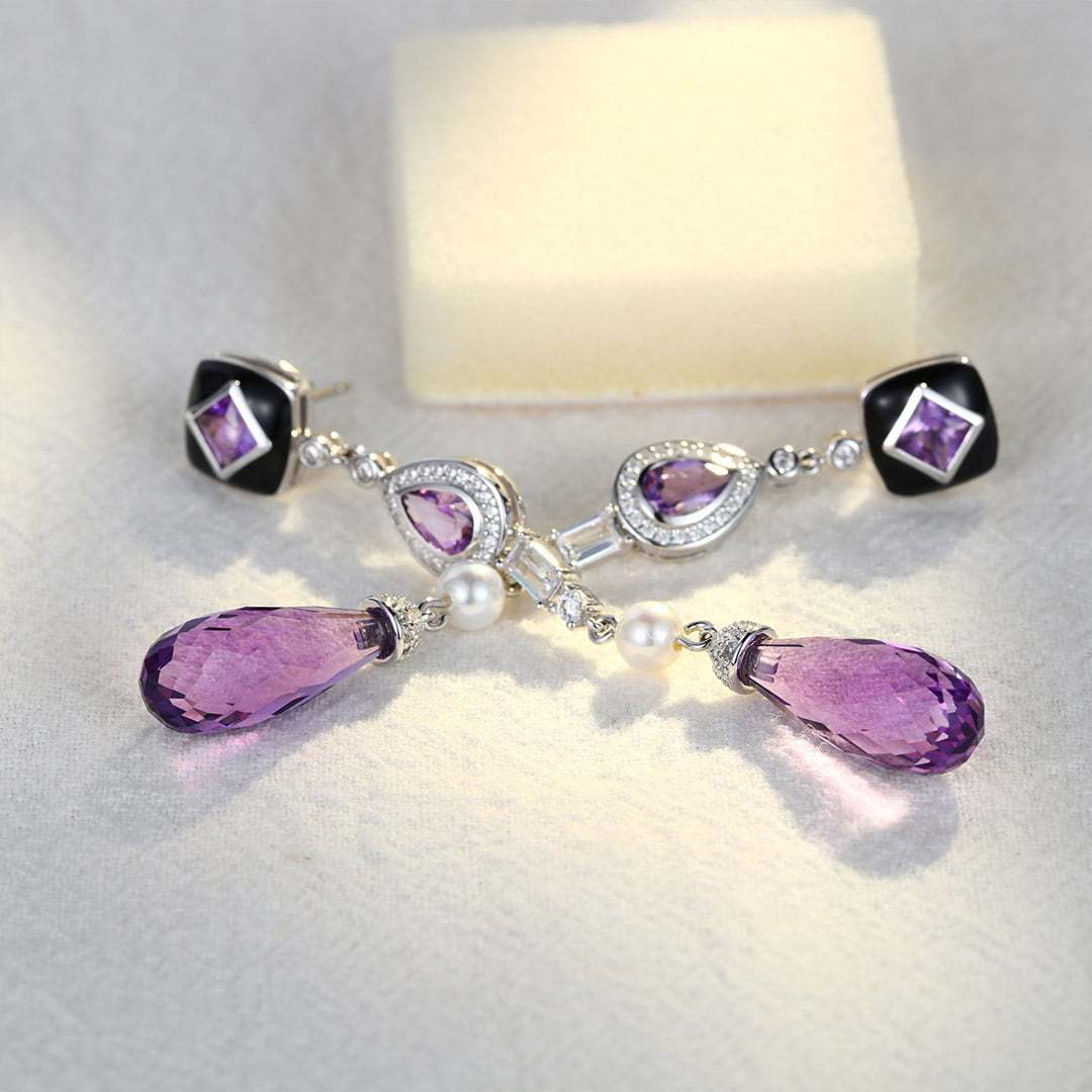 Three Stone Long Drops Amethyst Earrings Luxe Tear Drop Pear Shaped & Princess Cut Earrings Unique Pearl 14K Solid Gold Earrings