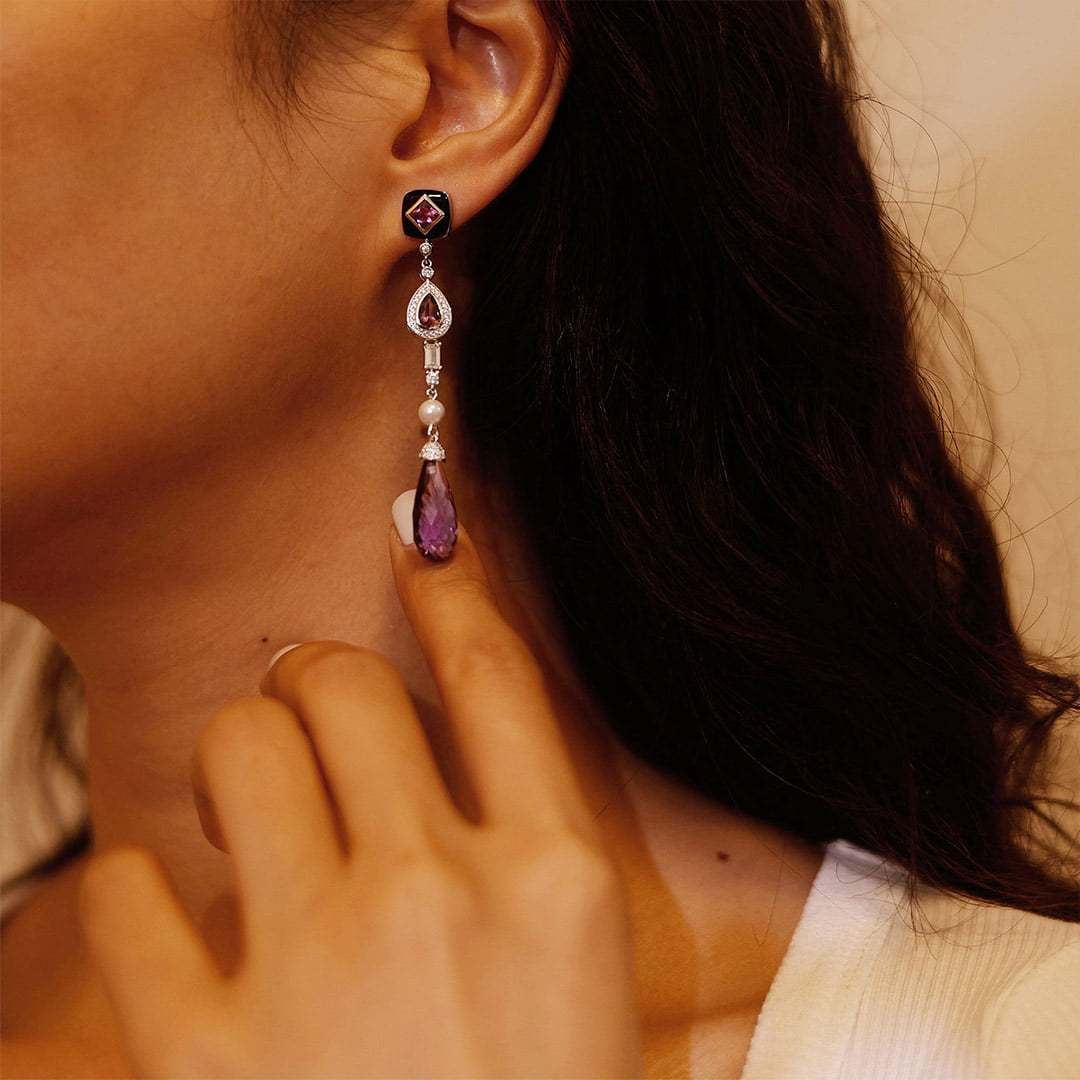 Three Stone Long Drops Amethyst Earrings Luxe Tear Drop Pear Shaped & Princess Cut Earrings Unique Pearl 14K Solid Gold Earrings