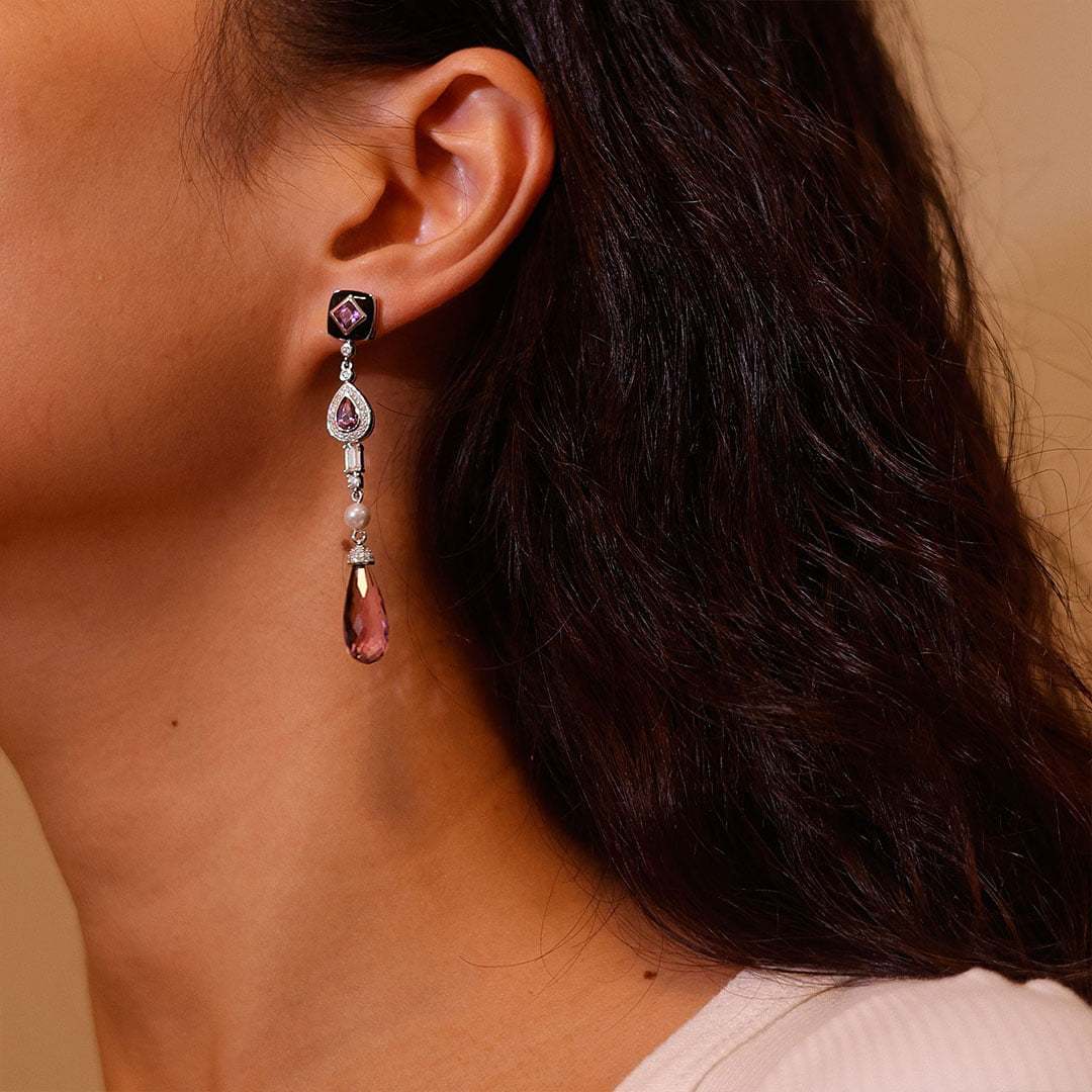 Three Stone Long Drops Amethyst Earrings Luxe Tear Drop Pear Shaped & Princess Cut Earrings Unique Pearl 14K Solid Gold Earrings