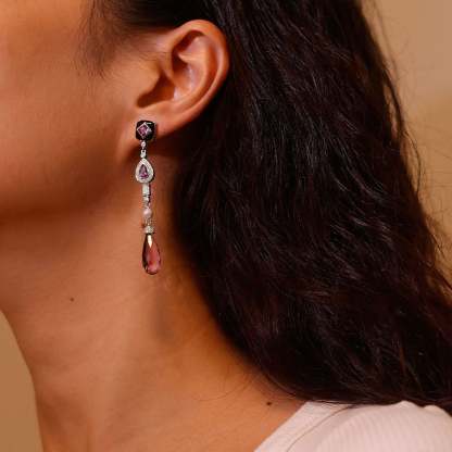 Three Stone Long Drops Amethyst Earrings Luxe Tear Drop Pear Shaped & Princess Cut Earrings Unique Pearl 14K Solid Gold Earrings