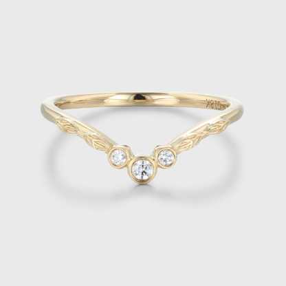 Three Stone Moissanite Wedding Band in Yellow Gold with Bezel Set Round Cut Diamond, Elegant Bridal Ring, Stunning Handmade Jewelry, Dazzling Moissanite and Yellow Gold Band