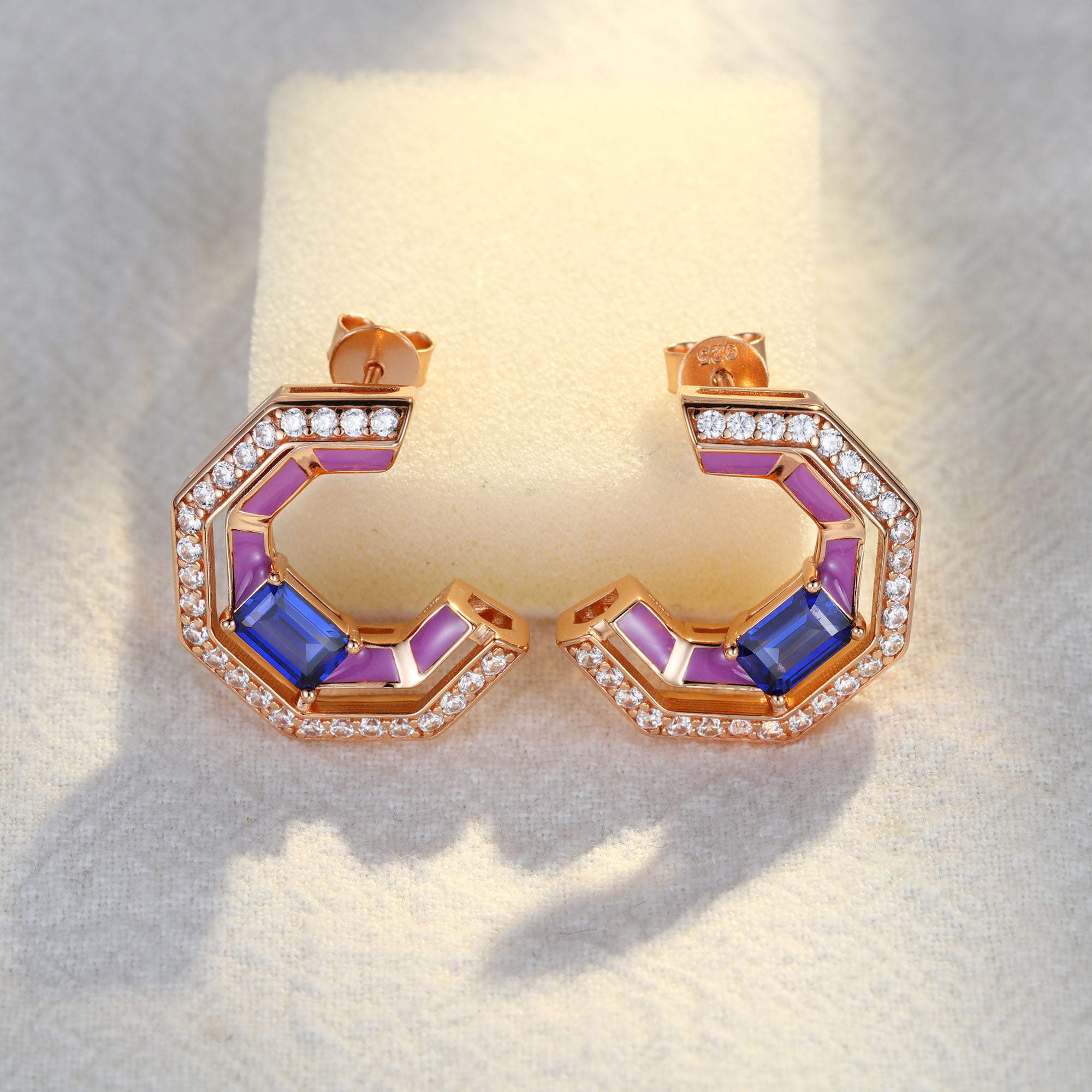 Tip Top Amethyst Half Hoop Earrings Baguette Cut Blue Sapphire Earrings Diamond Halo 14K Solid Gold Earrings