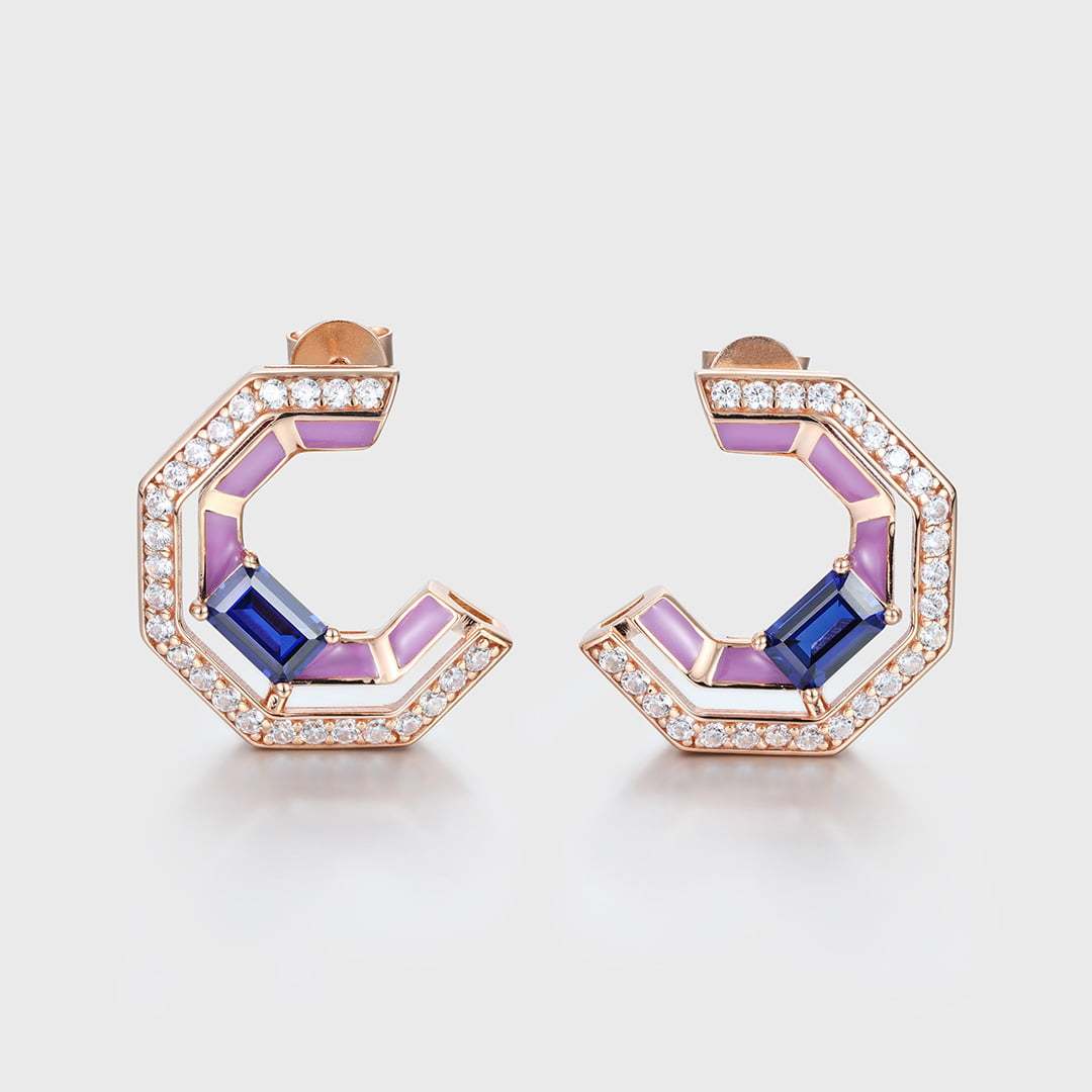 Tip Top Amethyst Half Hoop Earrings Baguette Cut Blue Sapphire Earrings Diamond Halo 14K Solid Gold Earrings