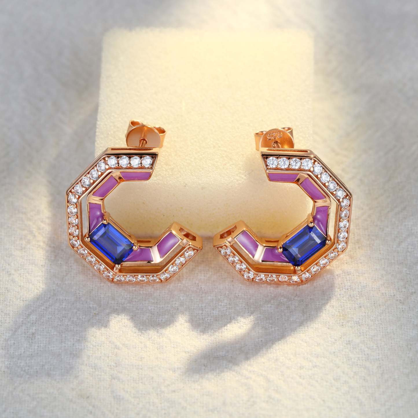 Tip Top Amethyst Half Hoop Earrings Baguette Cut Blue Sapphire Earrings Diamond Halo 14K Solid Gold Earrings