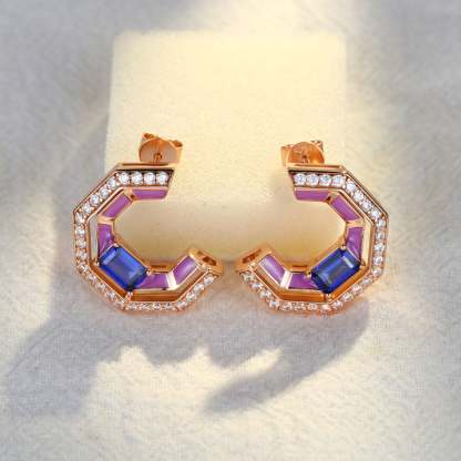 Tip Top Amethyst Half Hoop Earrings Baguette Cut Blue Sapphire Earrings Diamond Halo 14K Solid Gold Earrings