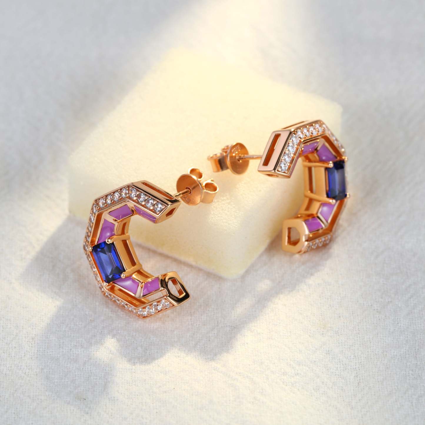 Tip Top Amethyst Half Hoop Earrings Baguette Cut Blue Sapphire Earrings Diamond Halo 14K Solid Gold Earrings
