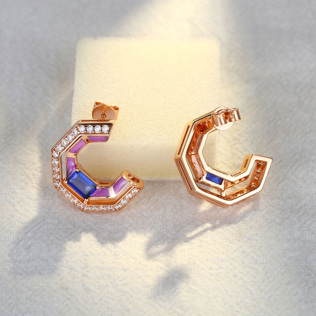 Tip Top Amethyst Half Hoop Earrings Baguette Cut Blue Sapphire Earrings Diamond Halo 14K Solid Gold Earrings