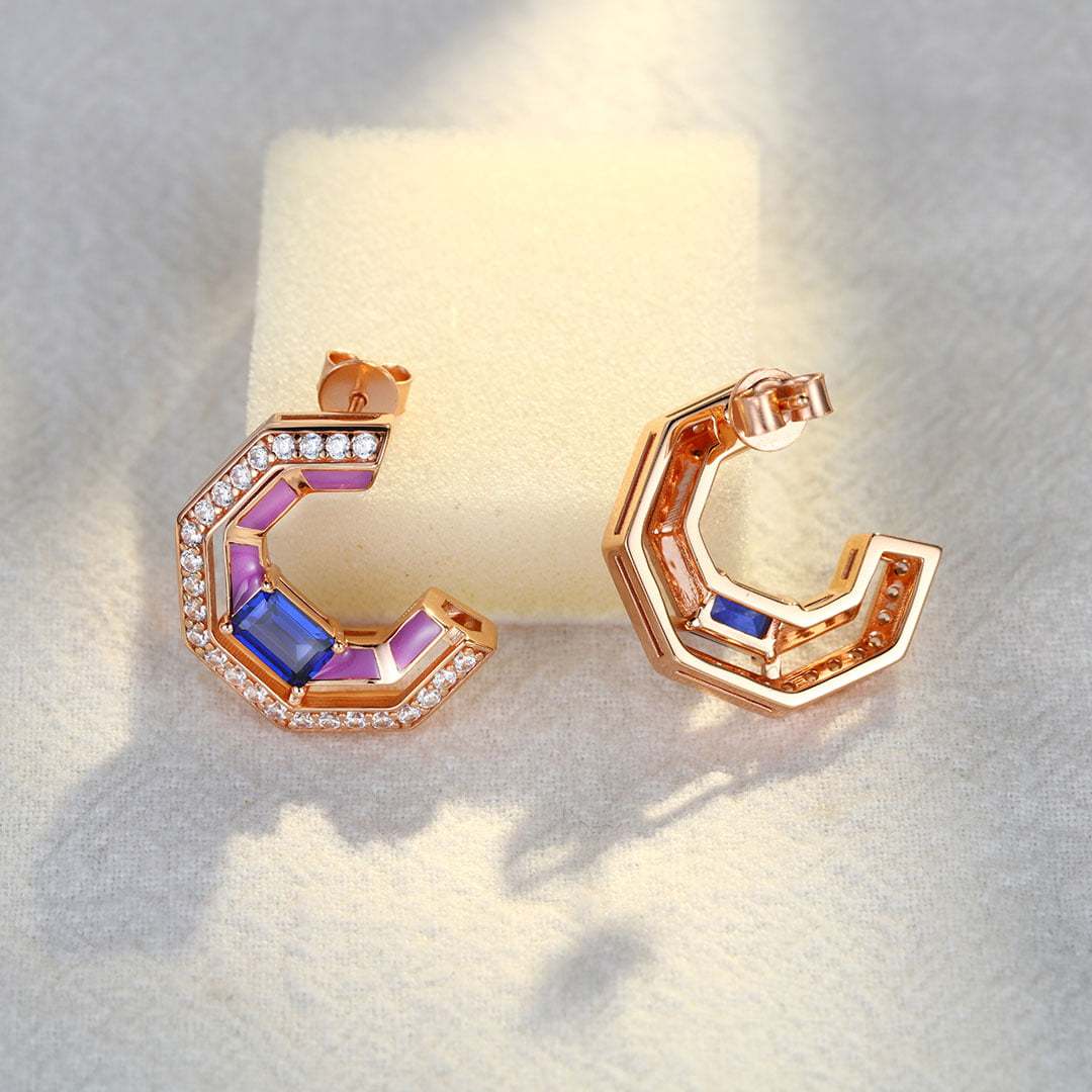 Tip Top Amethyst Half Hoop Earrings Baguette Cut Blue Sapphire Earrings Diamond Halo 14K Solid Gold Earrings