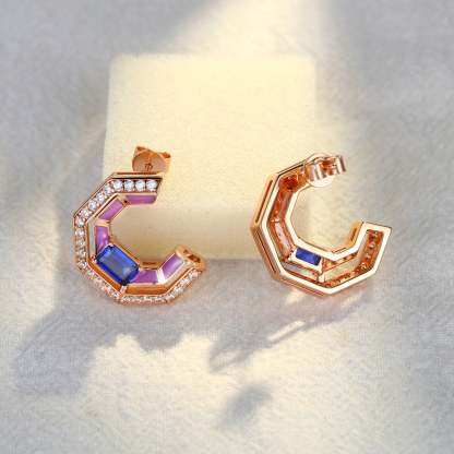 Tip Top Amethyst Half Hoop Earrings Baguette Cut Blue Sapphire Earrings Diamond Halo 14K Solid Gold Earrings