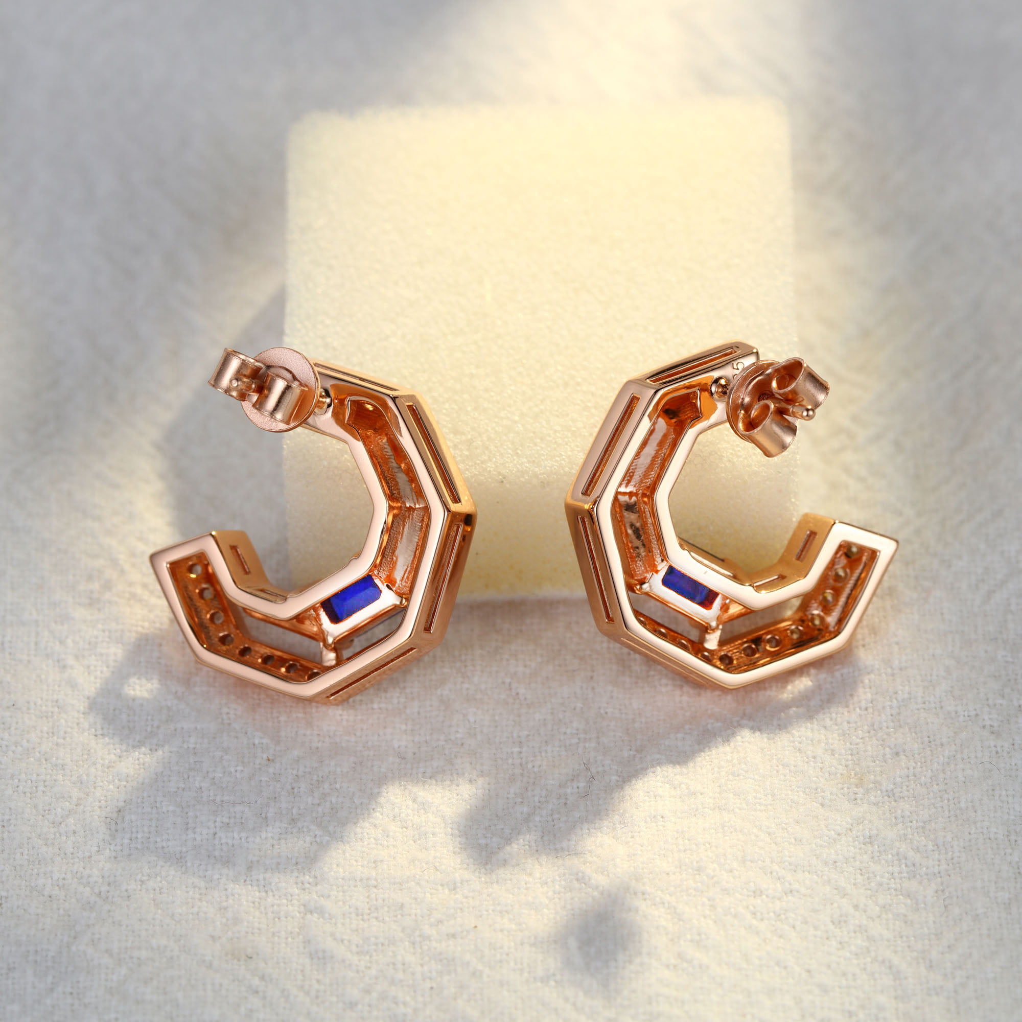 Tip Top Amethyst Half Hoop Earrings Baguette Cut Blue Sapphire Earrings Diamond Halo 14K Solid Gold Earrings