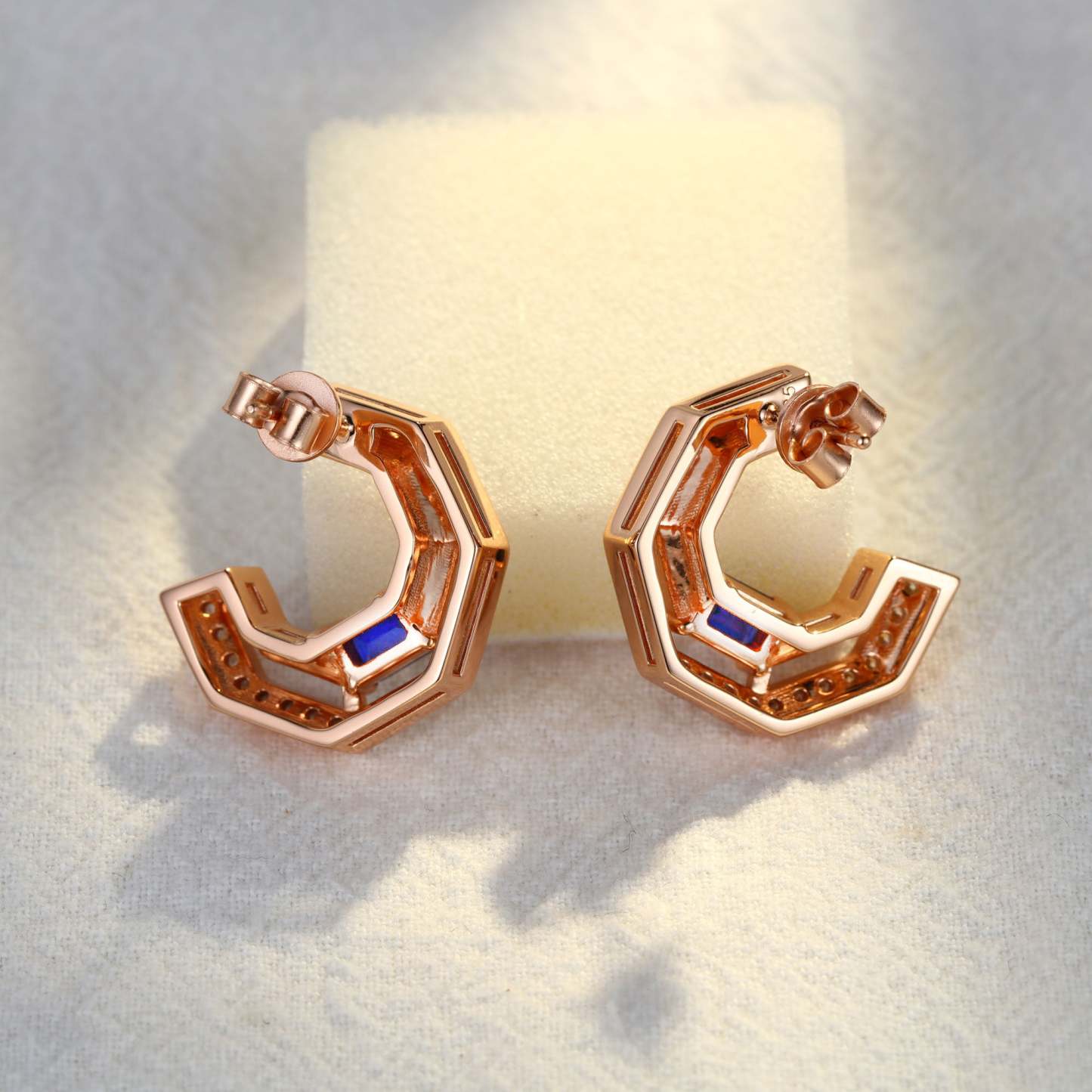 Tip Top Amethyst Half Hoop Earrings Baguette Cut Blue Sapphire Earrings Diamond Halo 14K Solid Gold Earrings