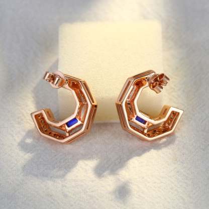 Tip Top Amethyst Half Hoop Earrings Baguette Cut Blue Sapphire Earrings Diamond Halo 14K Solid Gold Earrings