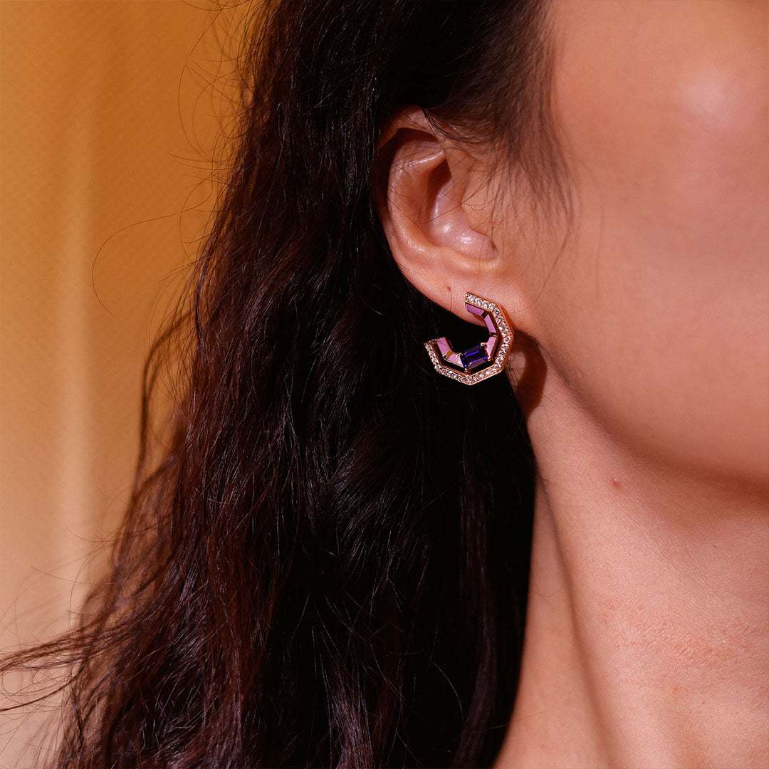 Tip Top Amethyst Half Hoop Earrings Baguette Cut Blue Sapphire Earrings Diamond Halo 14K Solid Gold Earrings
