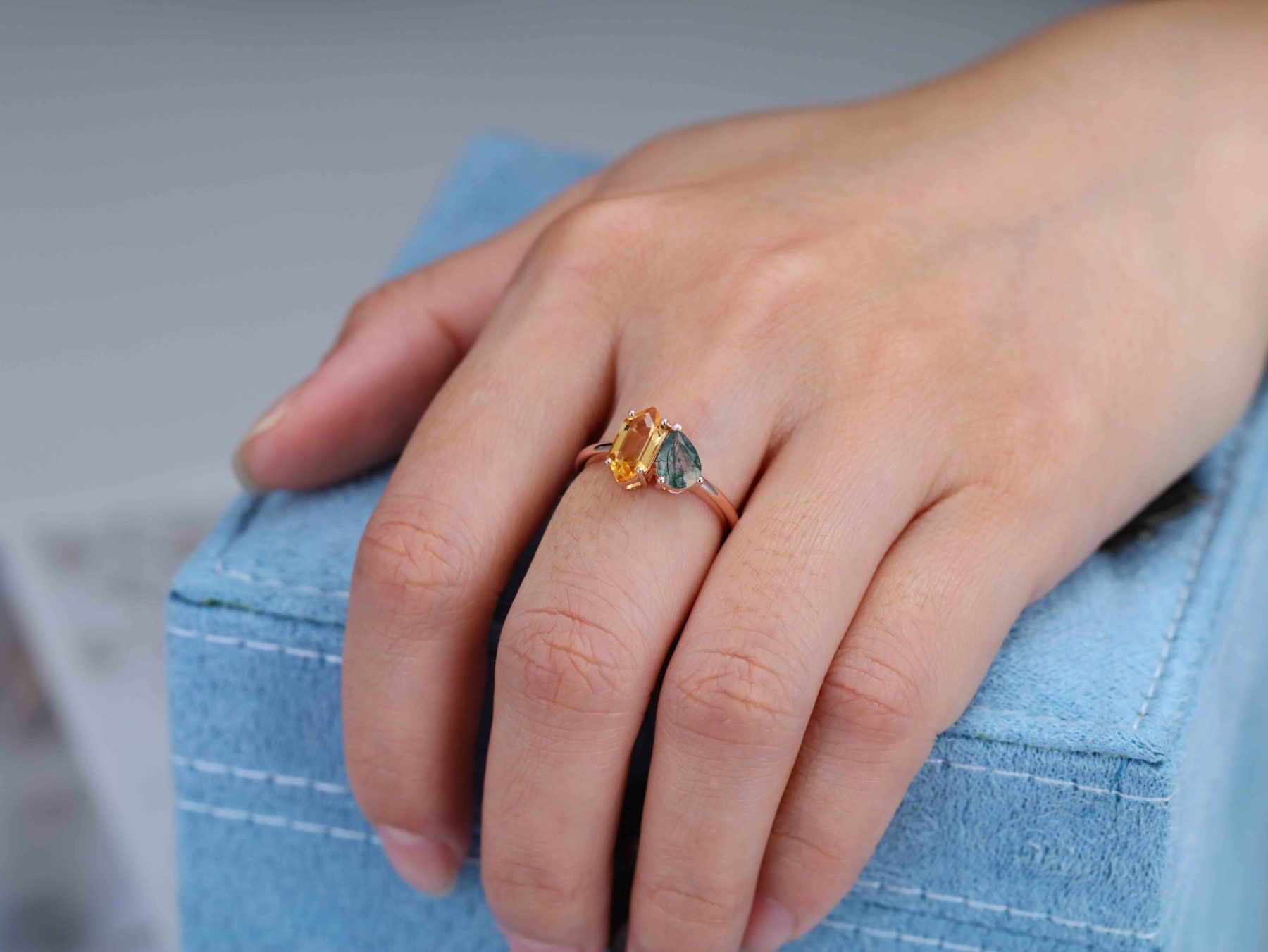 Toi Et Moi Engagement Ring 14K Rose Gold Pear Shaped Lab Moss Agate & Hexagon Cut Citrine Two Stone Wedding Ring