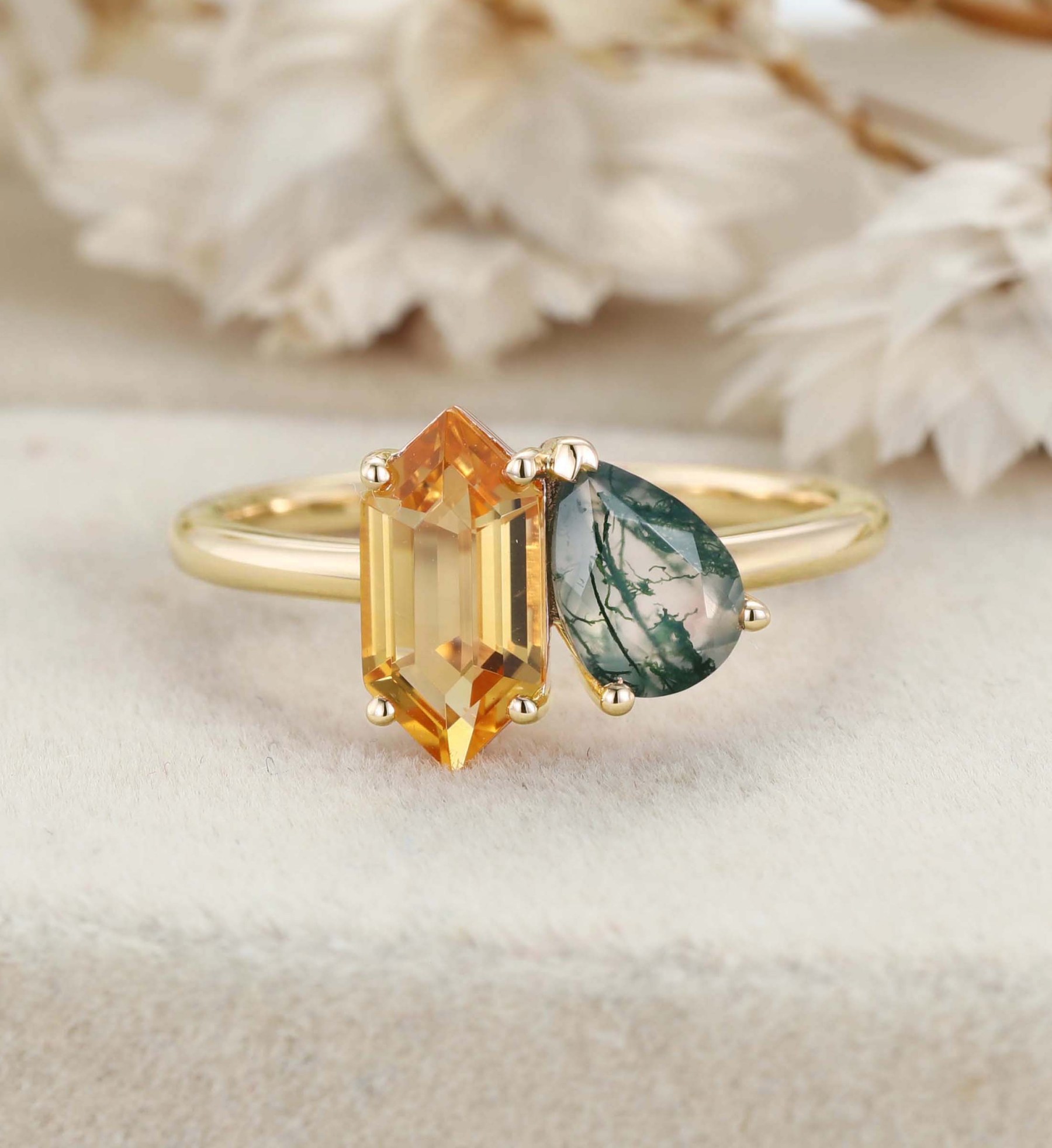 Toi Et Moi Engagement Ring 14K Rose Gold Pear Shaped Lab Moss Agate & Hexagon Cut Citrine Two Stone Wedding Ring