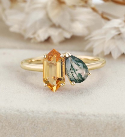 Toi Et Moi Engagement Ring 14K Rose Gold Pear Shaped Lab Moss Agate & Hexagon Cut Citrine Two Stone Wedding Ring