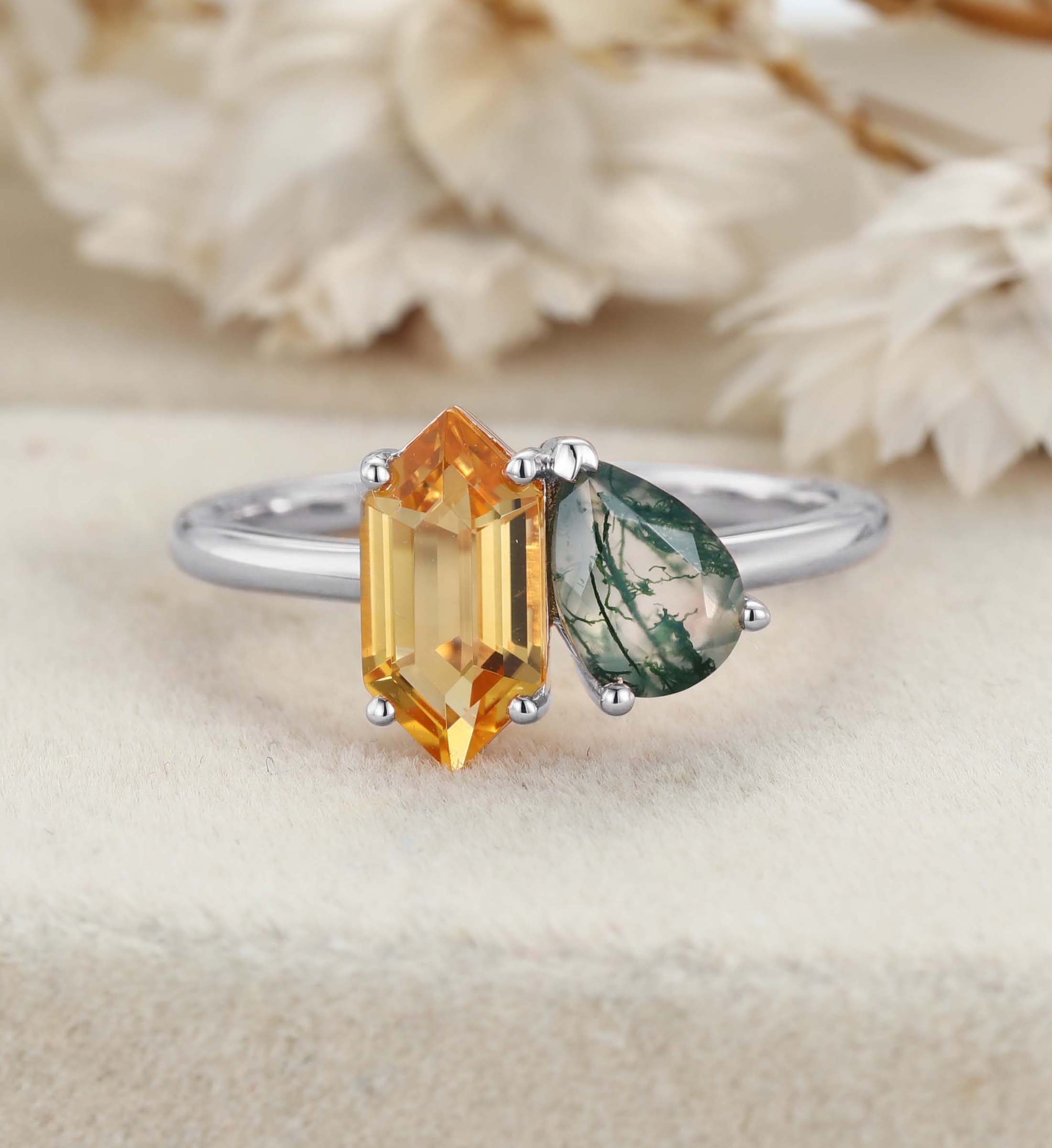 Toi Et Moi Engagement Ring 14K Rose Gold Pear Shaped Lab Moss Agate & Hexagon Cut Citrine Two Stone Wedding Ring