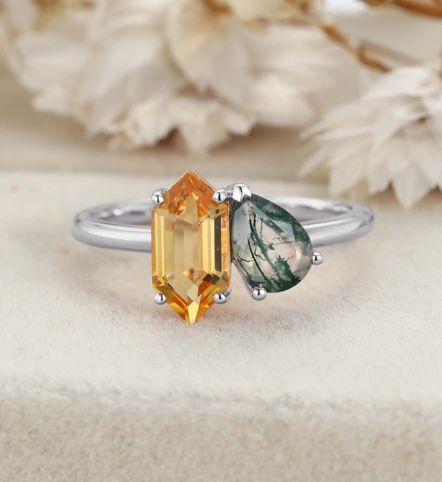 Toi Et Moi Engagement Ring 14K Rose Gold Pear Shaped Lab Moss Agate & Hexagon Cut Citrine Two Stone Wedding Ring