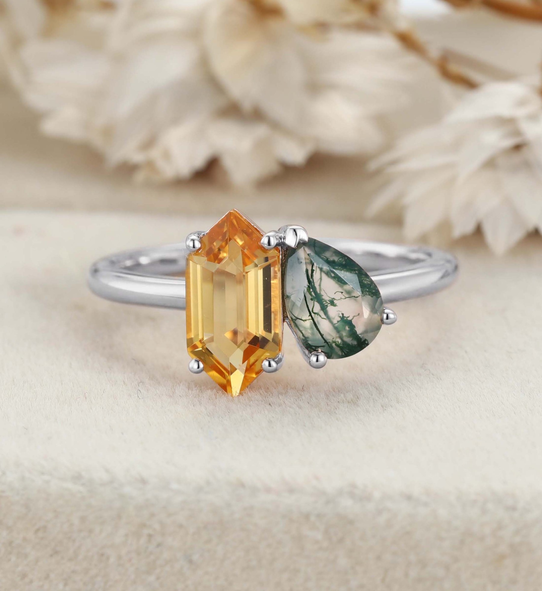 Toi Et Moi Engagement Ring 14K Rose Gold Pear Shaped Lab Moss Agate & Hexagon Cut Citrine Two Stone Wedding Ring