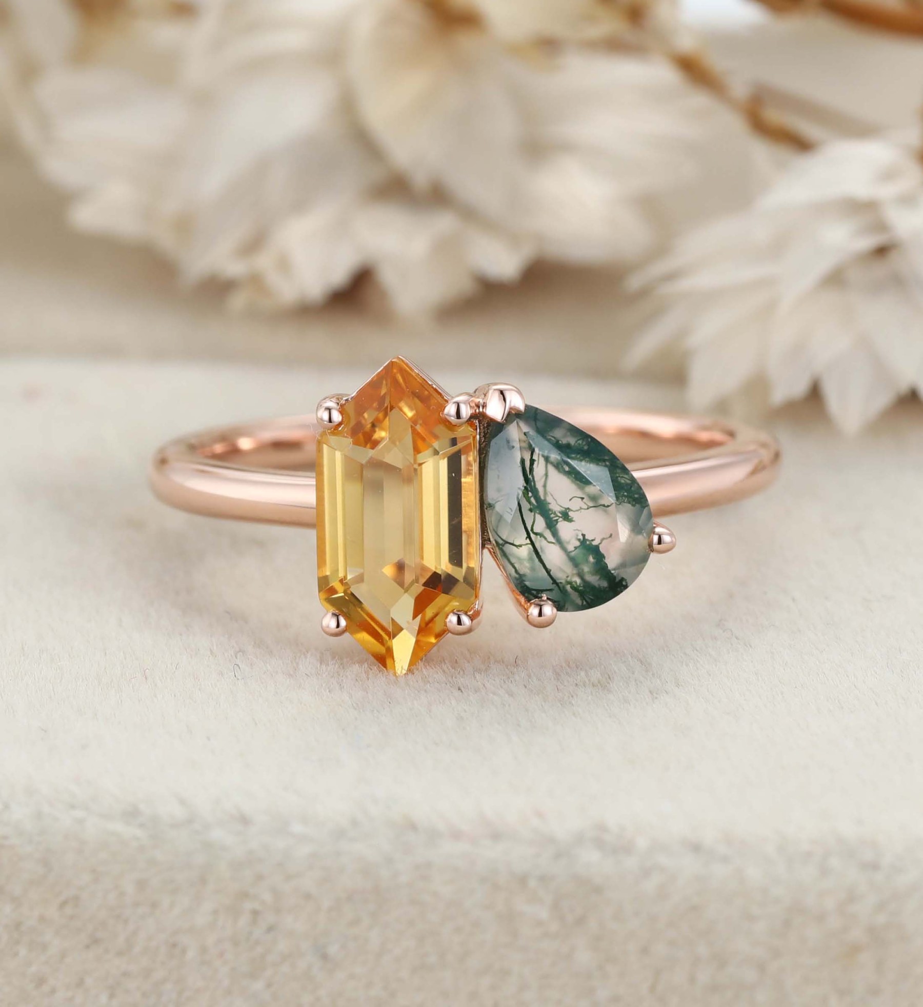 Toi Et Moi Engagement Ring 14K Rose Gold Pear Shaped Lab Moss Agate & Hexagon Cut Citrine Two Stone Wedding Ring