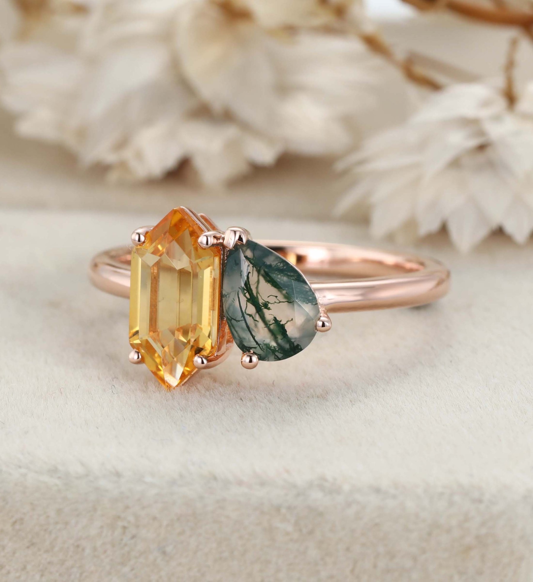 Toi Et Moi Engagement Ring 14K Rose Gold Pear Shaped Lab Moss Agate & Hexagon Cut Citrine Two Stone Wedding Ring