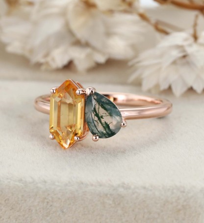 Toi Et Moi Engagement Ring 14K Rose Gold Pear Shaped Lab Moss Agate & Hexagon Cut Citrine Two Stone Wedding Ring