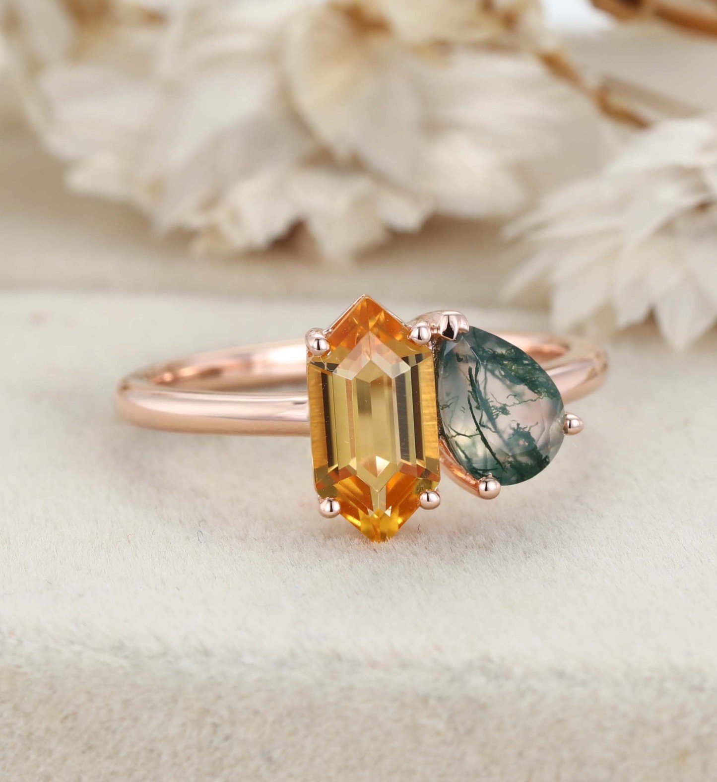 Toi Et Moi Engagement Ring 14K Rose Gold Pear Shaped Lab Moss Agate & Hexagon Cut Citrine Two Stone Wedding Ring