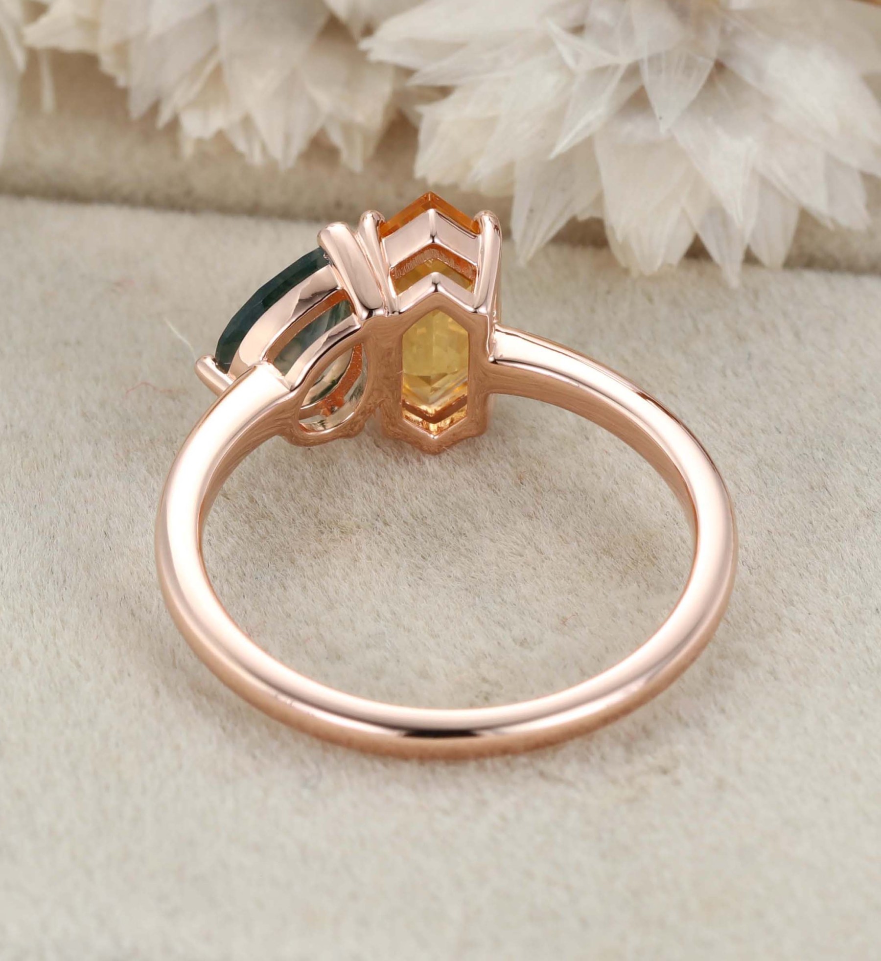 Toi Et Moi Engagement Ring 14K Rose Gold Pear Shaped Lab Moss Agate & Hexagon Cut Citrine Two Stone Wedding Ring