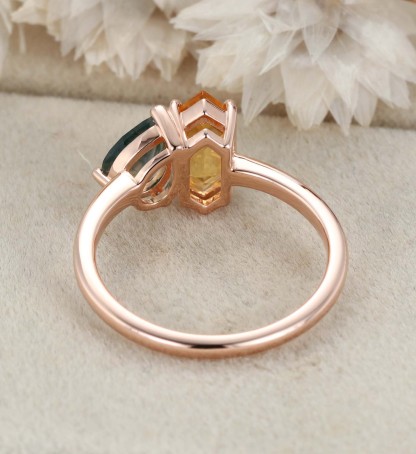 Toi Et Moi Engagement Ring 14K Rose Gold Pear Shaped Lab Moss Agate & Hexagon Cut Citrine Two Stone Wedding Ring