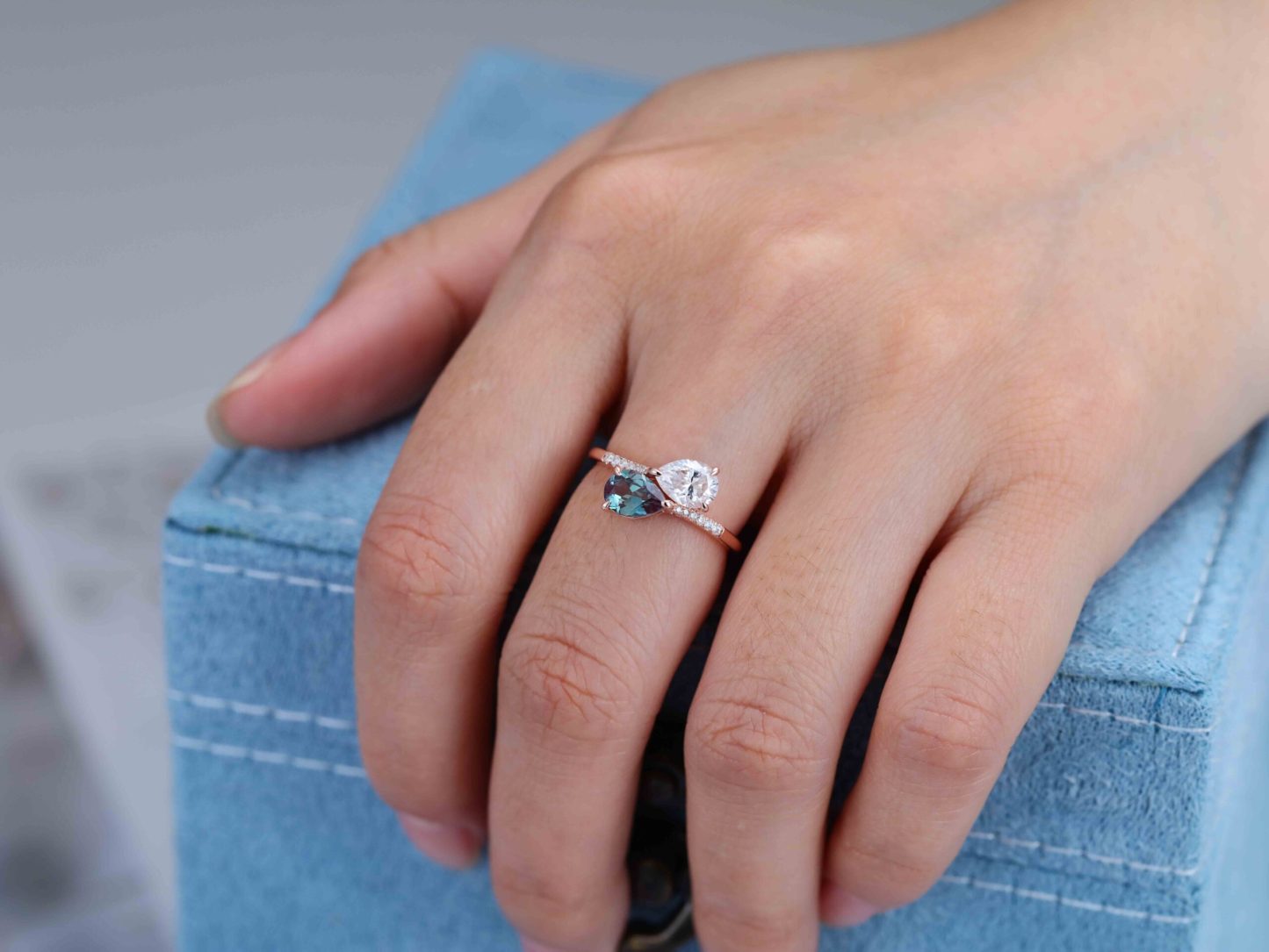 Toi Et Moi Engagement Ring Lab Alexandrite & Moissanite Ring 14k Solid Gold Two Stone Wedding Ring