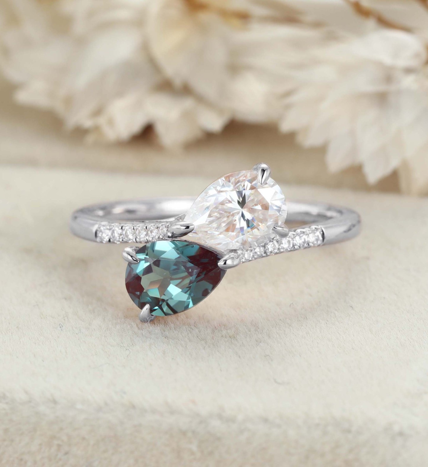 Toi Et Moi Engagement Ring Lab Alexandrite & Moissanite Ring 14k Solid Gold Two Stone Wedding Ring