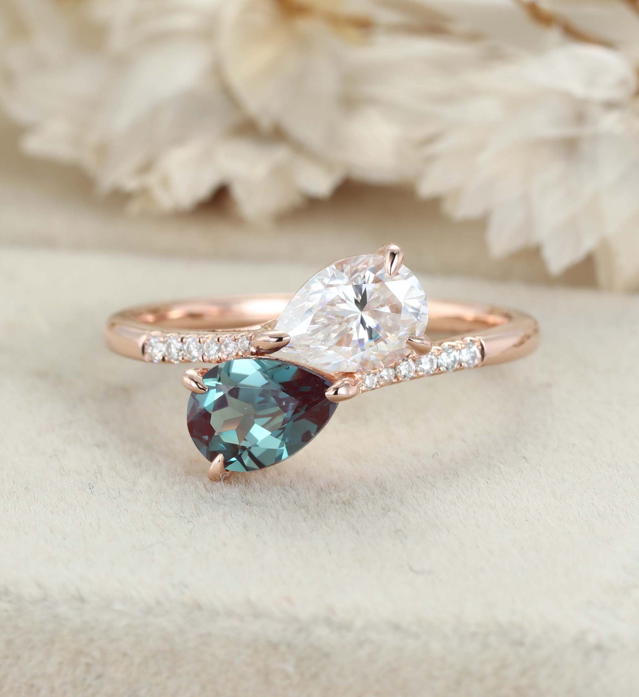 Toi Et Moi Engagement Ring Lab Alexandrite & Moissanite Ring 14k Solid Gold Two Stone Wedding Ring
