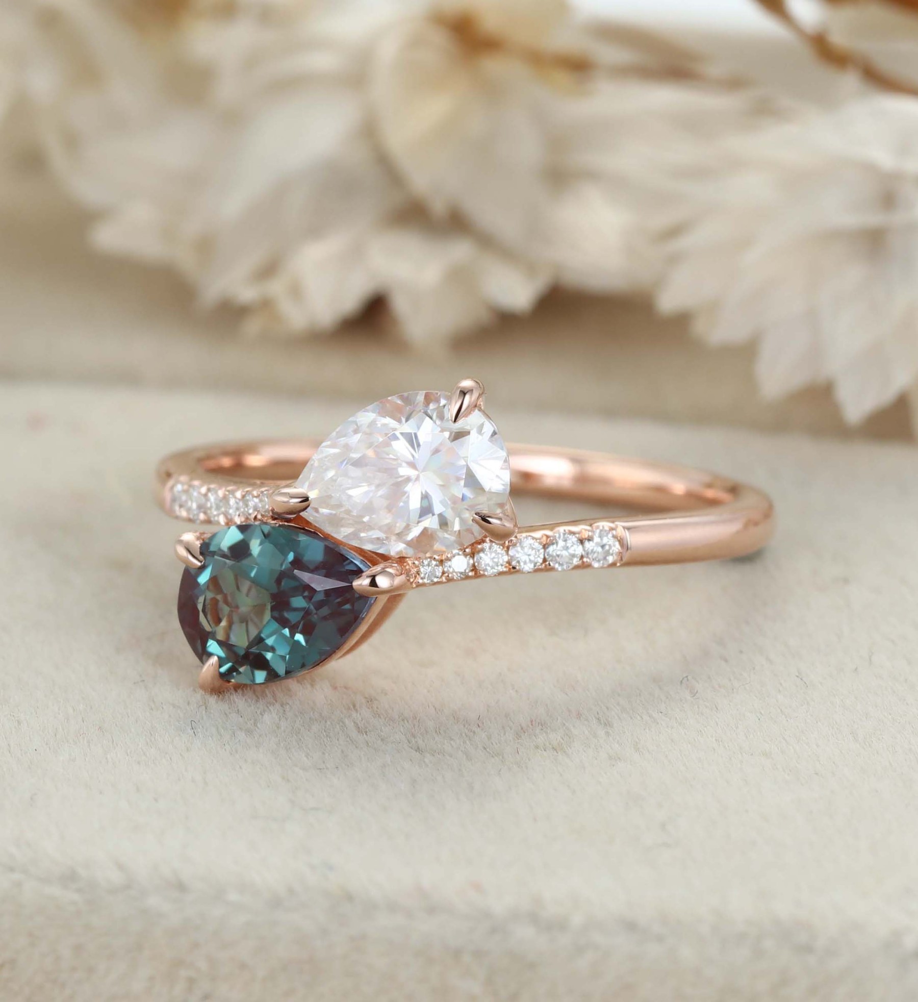 Toi Et Moi Engagement Ring Lab Alexandrite & Moissanite Ring 14k Solid Gold Two Stone Wedding Ring