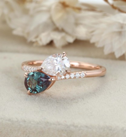 Toi Et Moi Engagement Ring Lab Alexandrite & Moissanite Ring 14k Solid Gold Two Stone Wedding Ring
