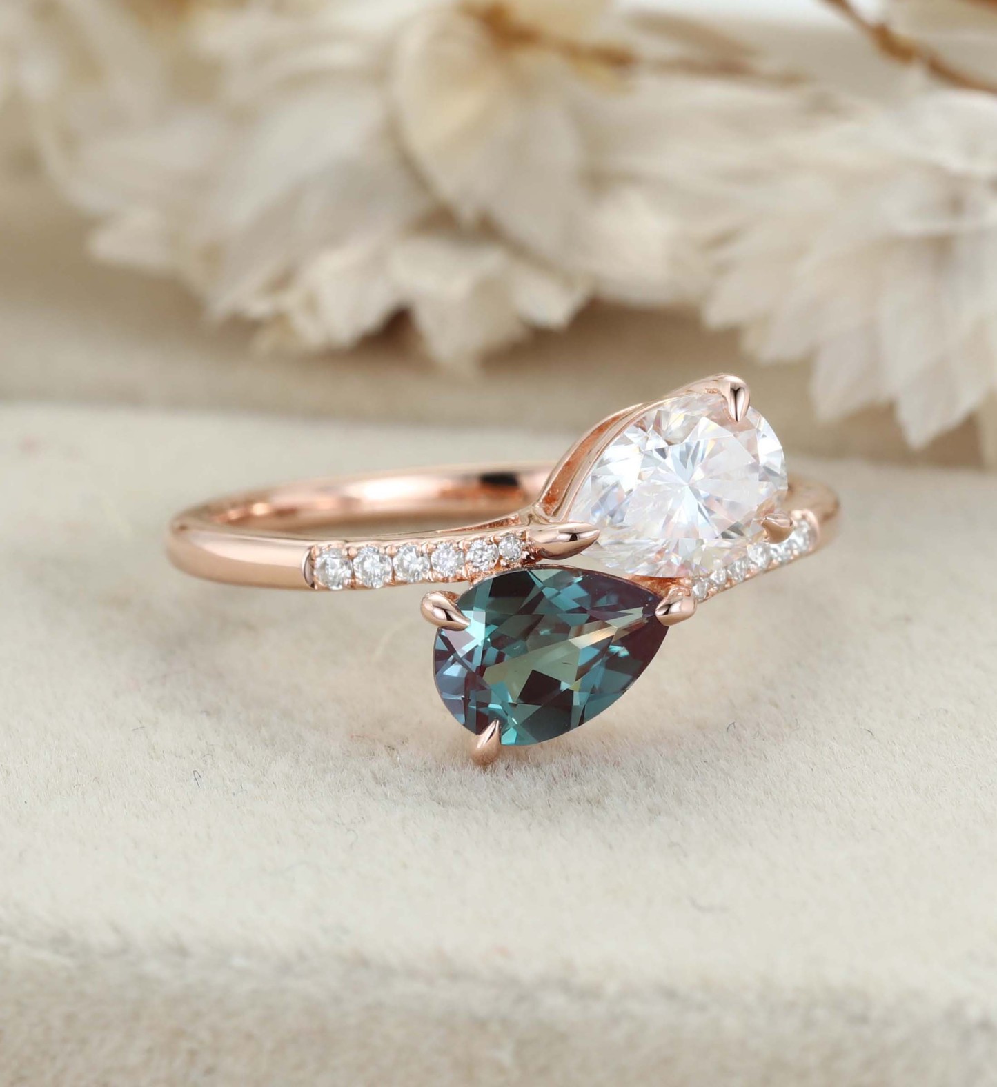 Toi Et Moi Engagement Ring Lab Alexandrite & Moissanite Ring 14k Solid Gold Two Stone Wedding Ring