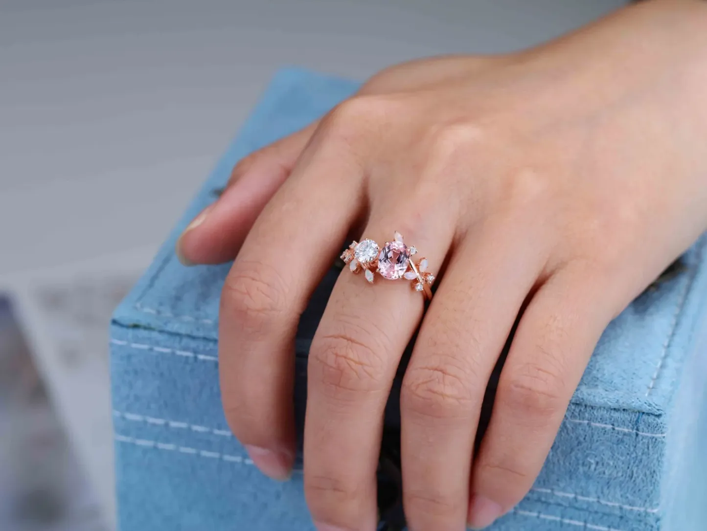 Toi Et Moi Ring Oval Morganite & Moissanite Double Stone Engagement Ring Opal Leaf Design Ring Gift
