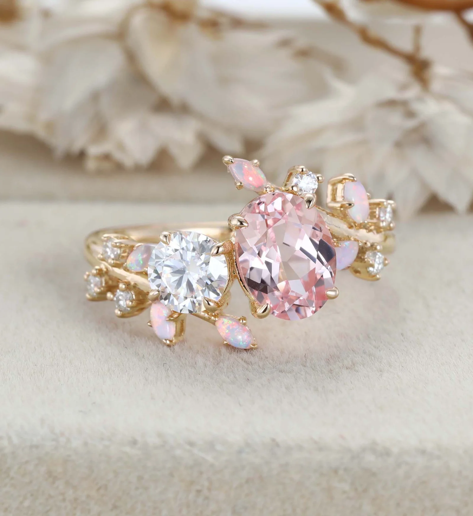 Toi Et Moi Ring Oval Morganite & Moissanite Double Stone Engagement Ring Opal Leaf Design Ring Gift