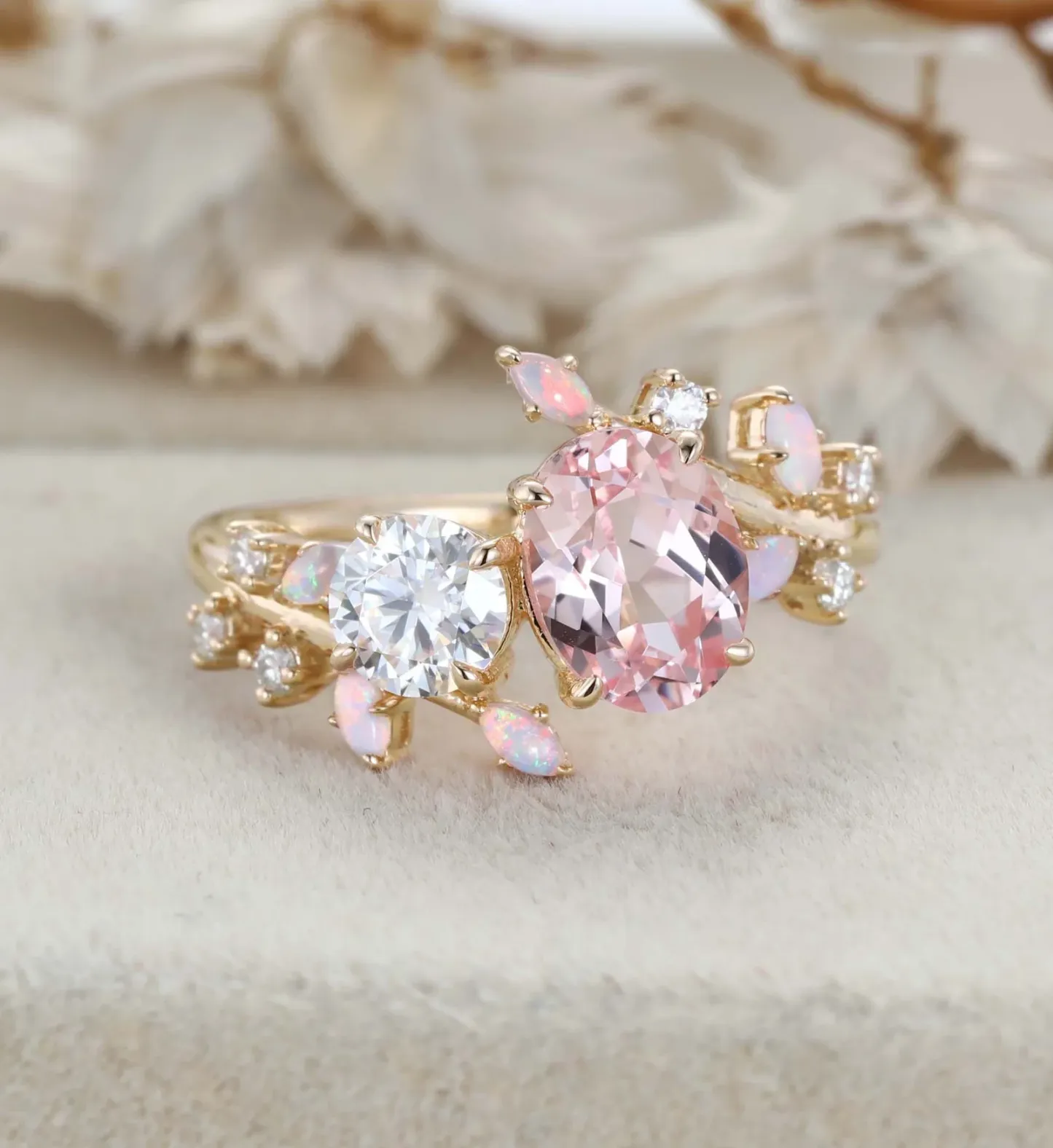 Toi Et Moi Ring Oval Morganite & Moissanite Double Stone Engagement Ring Opal Leaf Design Ring Gift