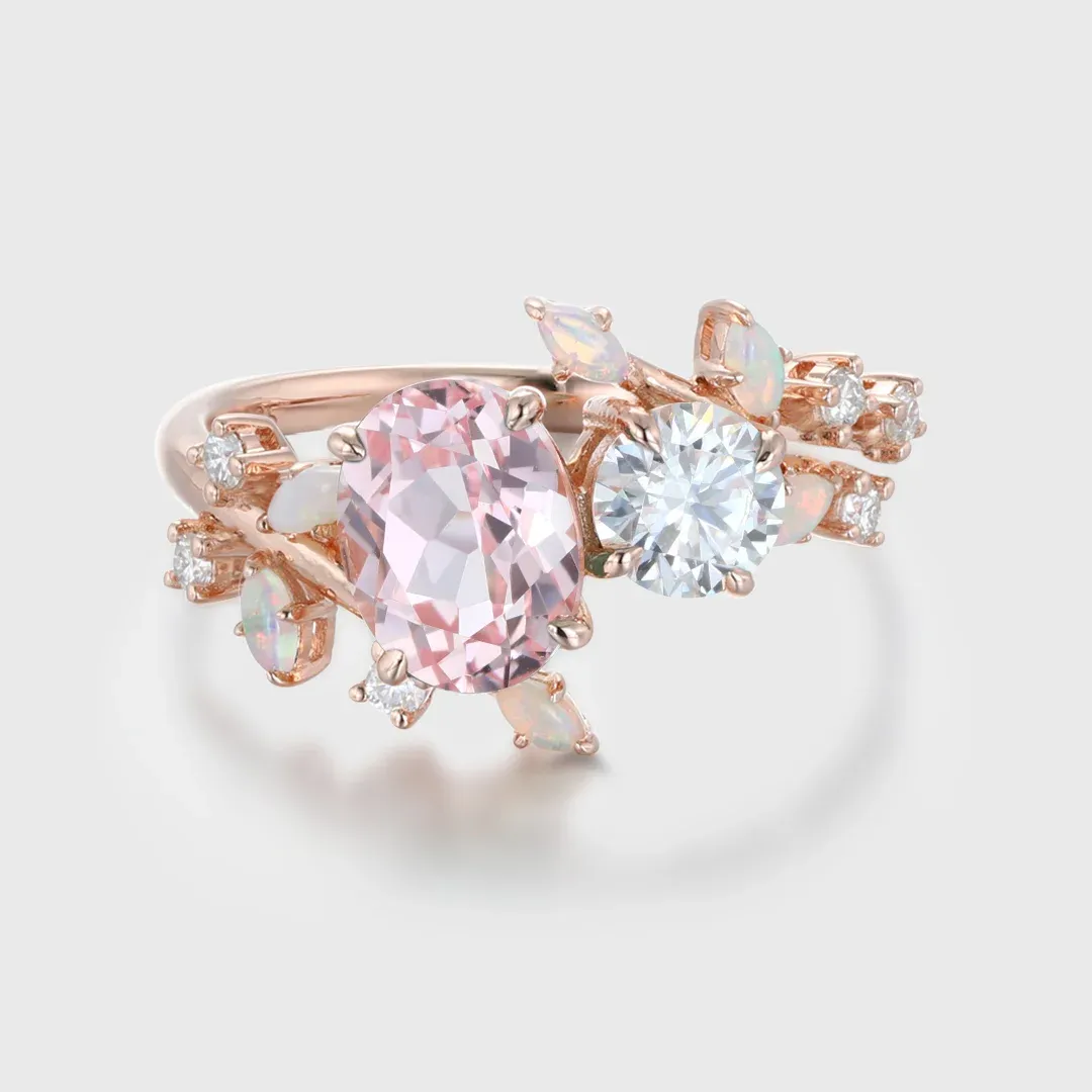 Toi Et Moi Ring Oval Morganite & Moissanite Double Stone Engagement Ring Opal Leaf Design Ring Gift