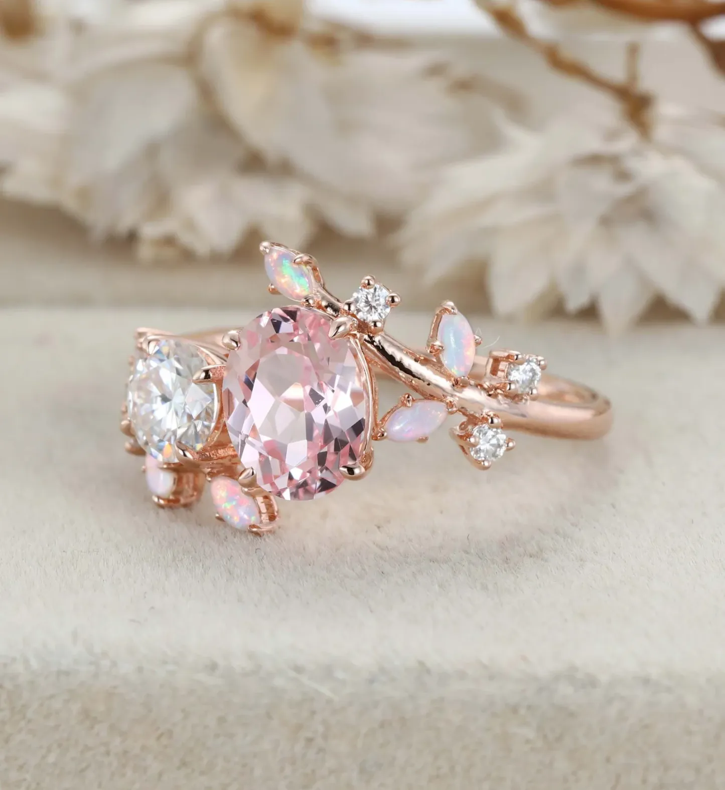 Toi Et Moi Ring Oval Morganite & Moissanite Double Stone Engagement Ring Opal Leaf Design Ring Gift
