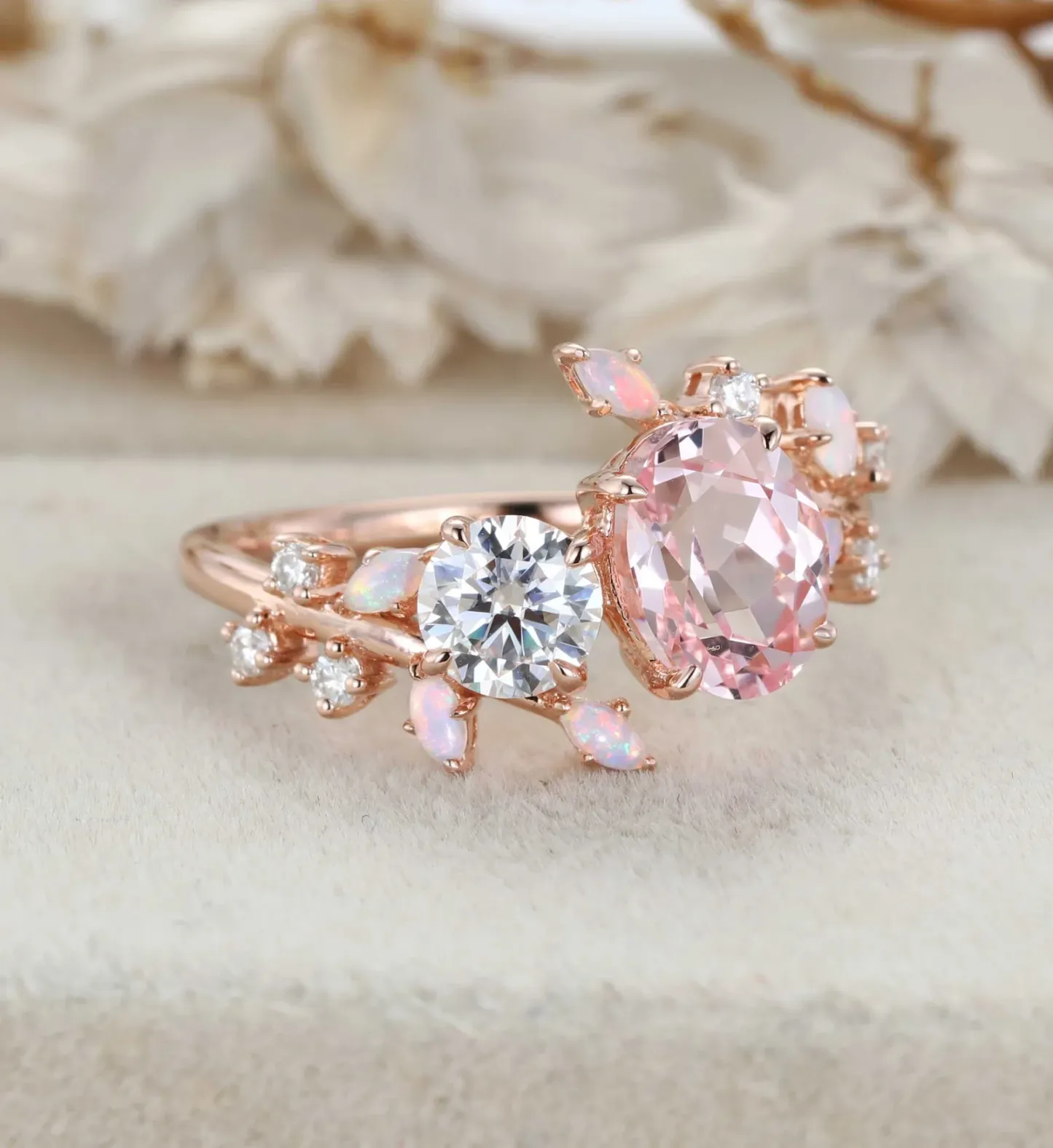 Toi Et Moi Ring Oval Morganite & Moissanite Double Stone Engagement Ring Opal Leaf Design Ring Gift