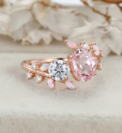 Toi Et Moi Ring Oval Morganite & Moissanite Double Stone Engagement Ring Opal Leaf Design Ring Gift