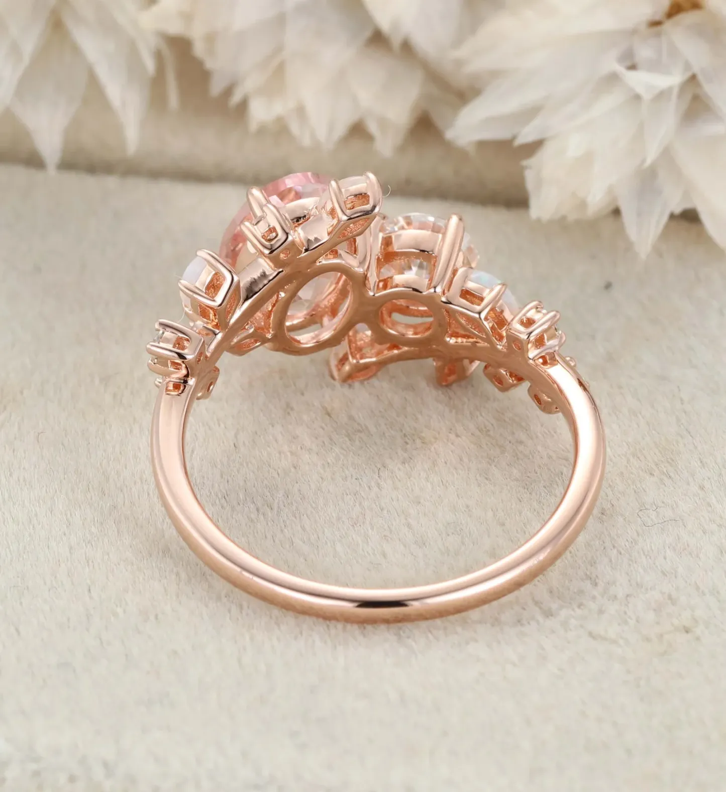 Toi Et Moi Ring Oval Morganite & Moissanite Double Stone Engagement Ring Opal Leaf Design Ring Gift