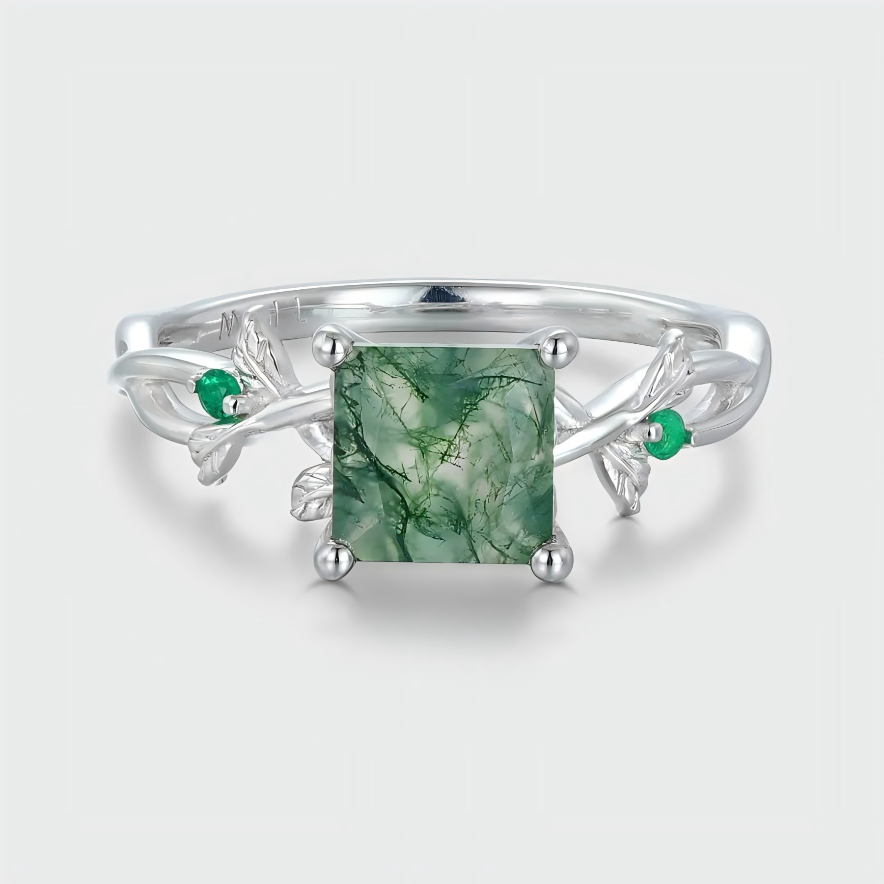 Twig-Inspired Princess Cut Green Moss Agate and Emerald Engagement Ring in 14K White Gold