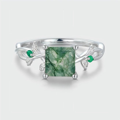 Twig-Inspired Princess Cut Green Moss Agate and Emerald Engagement Ring in 14K White Gold
